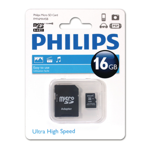 Карта памяти microSD 16GB PHILIPS microSDHC Class 10 (SD адаптер)