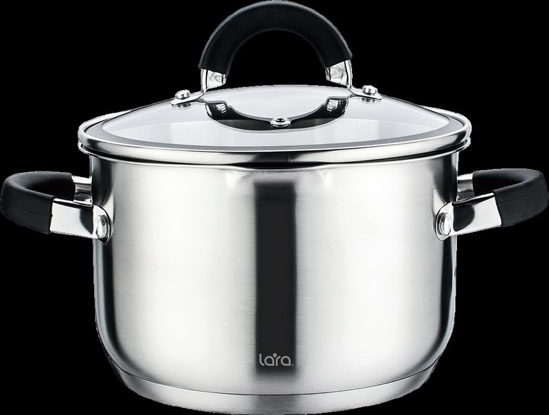 Кастрюля LARA LR02-9003 (нерж) 24x14,5см 6.5л, индукционное дно, все типы плит, силикон, слив 3/6мм.